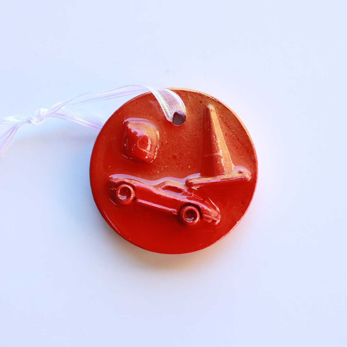 JulieWrightArt_Ornament_RedRacer_02 Julie Wright Art Plaster Relief Ornament